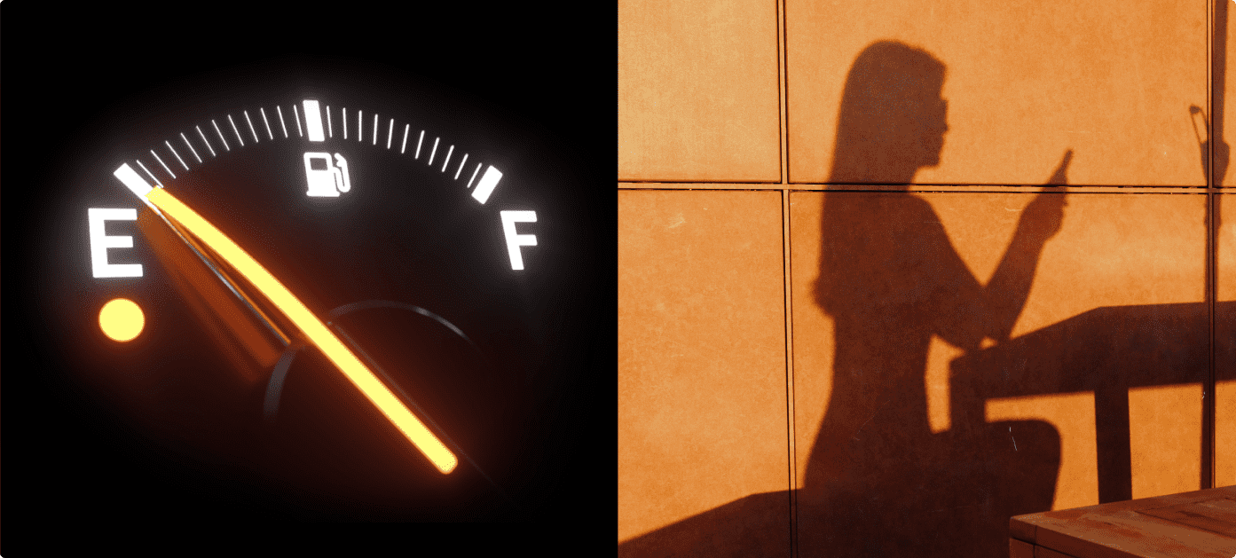 Split screen with a close up of a fuel gauge on the left and the shadow of a woman looking at her phone on the right